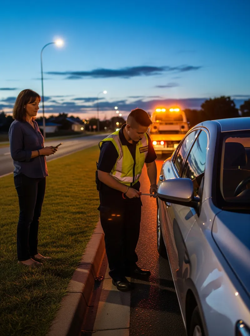 Area Security & Access Professionals locksmith helping a stranded driver with a roadside car lockout at night near Granbury