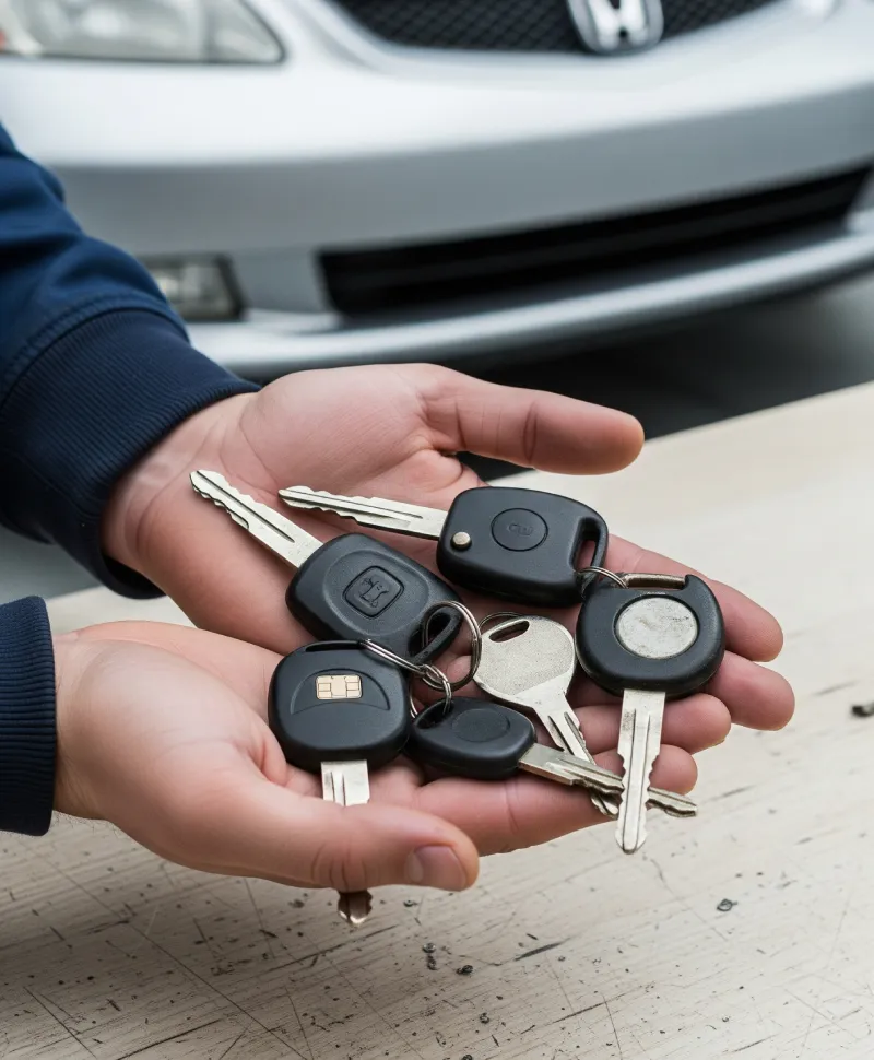 Hand holding a set of transponder car keys and key fobs cut by ASAP for a Granbury-area customer's vehicle