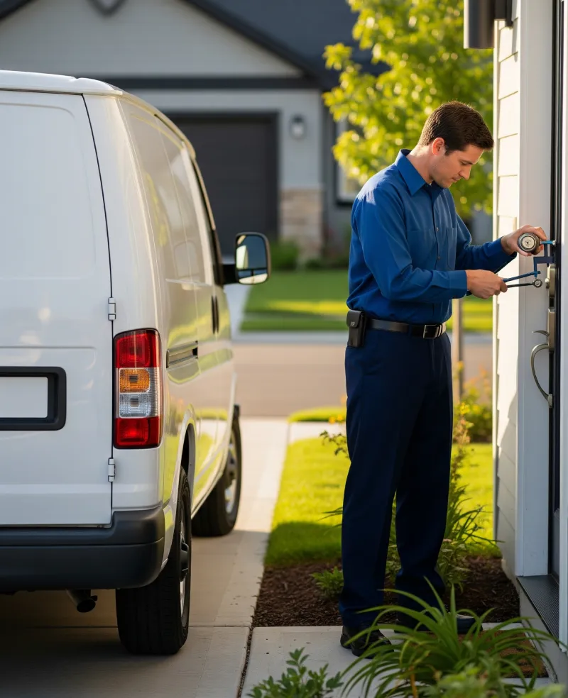 ASAP locksmith replacing worn door lock hardware at a Granbury-area home, service van parked out front