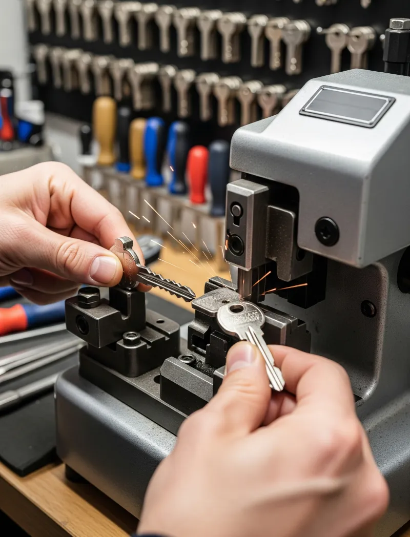 Close-up of a key being precision cut on ASAP's key-cutting machine for a Granbury-area customer